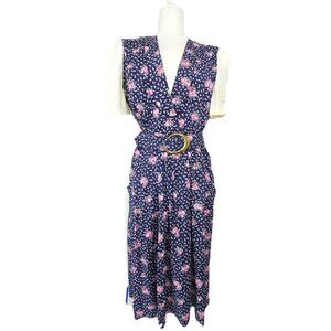 VTG 80S Navy Pink Polka Dot Puff Sleeve Tradwife Maxi Secretary Maxi Dress
